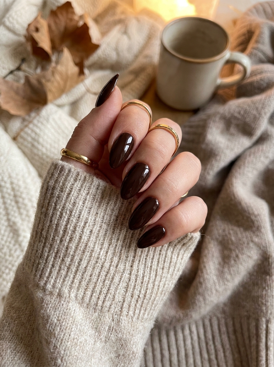 Dark Chocolate Nails mit sehr dunklem braunem Herbstton